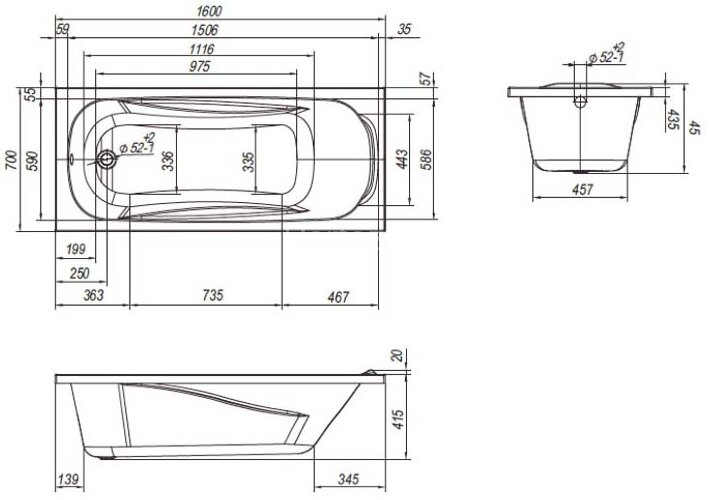 Ванна пристенная Loranto Арктика 1600х700, ABS пластик, белая (CS00031199)
