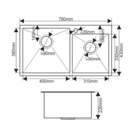 Мойка 7843 MELANA ProfLine 3,0/220 САТИН ГРАФИТ 2-я чаша, врезная прямоугольная S7843HB