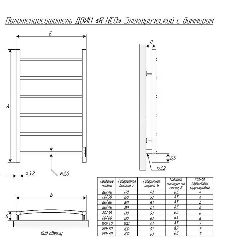 Полотенцесушитель Электрический ДВИН R neo 80/50 К диммер Чёрный матовый (4656759179366)
