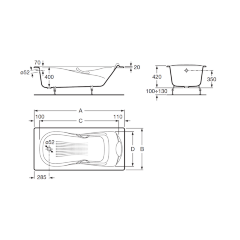 Ванна чугунная Roca HAITI 140х75, противоскользящее покрытие, отверстия для ручек