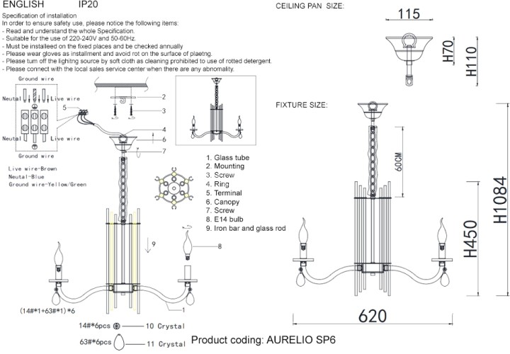 Подвесная люстра Crystal Lux AURELIO SP6 GOLD+CHROME/TRANSPARENT