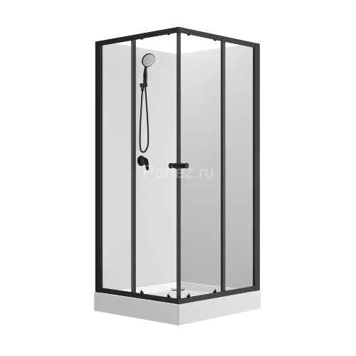 Душевая кабина Loranto NEO 100x100x(190+15) c низким поддоном 15см, прозрачное закаленное стекло 5 мм,задние стеклянные стенки белые, профиль черный-м