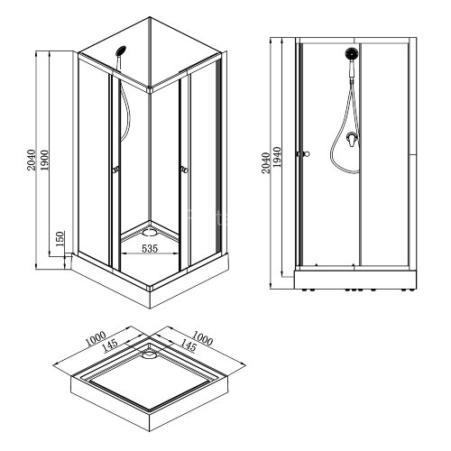 Душевая кабина Loranto NEO 100x100x(190+15) c низким поддоном 15см, прозрачное закаленное стекло 5 мм,задние стеклянные стенки белые, профиль черный-м