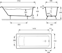 Ванна чугунная Jacob Delafon PARALLEL 170х70 см без антискользящего покрытия, без отверстий для руче