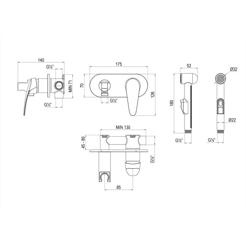 Смеситель Lemark Linara LM0419C с гигиеническим душем, встраиваемый