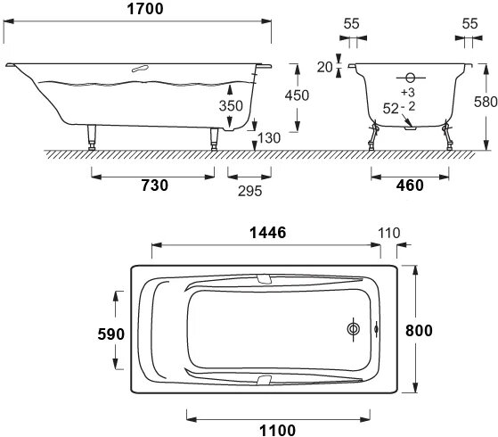 Ванна чугунная Jacob Delafon REPOS 170х80 с антискользящим покрытием, без отверстий для ручек (E2918