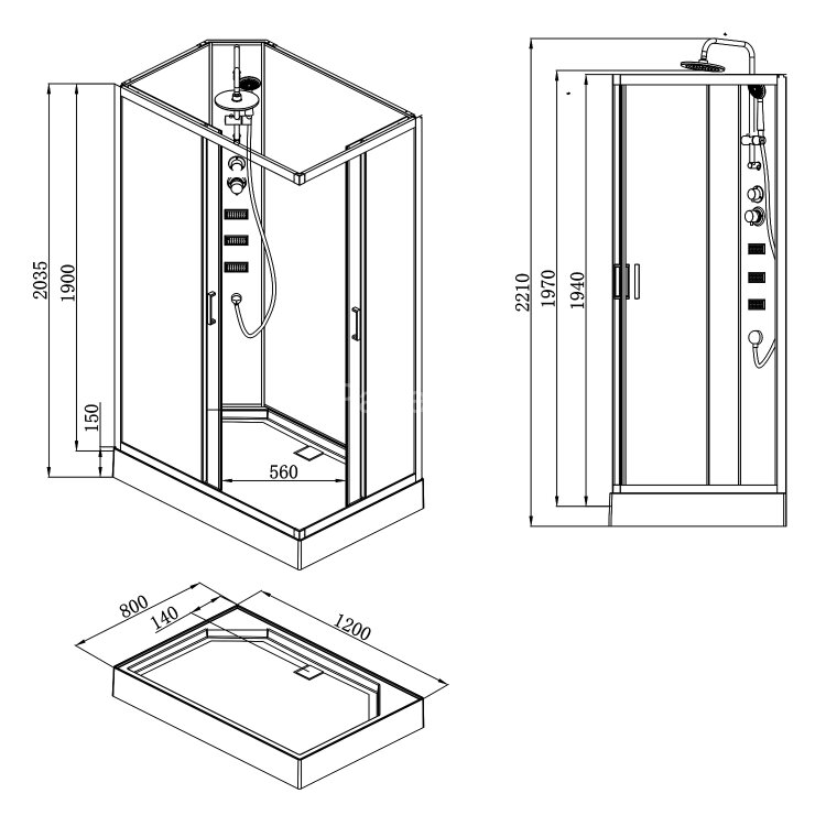 Душевая кабина Loranto NEO 120x80x(190+15) с низким поддоном 15см, прозрачное закаленное стекло 5 мм, задние стеклянные стенки белые, профиль черный-м