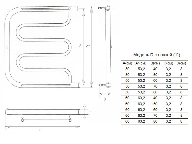 Полотенцесушитель водяной ДВИН D фокстрот 50/60 c полкой, полированный (4627086011766)
