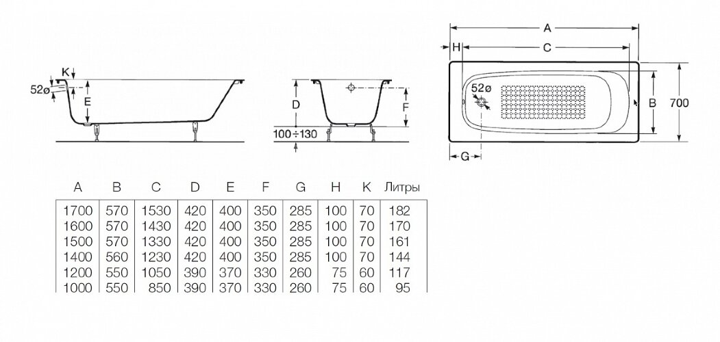 Roca CONTINENTAL Чугунная ванна 170х70, противоскользящее покрыти