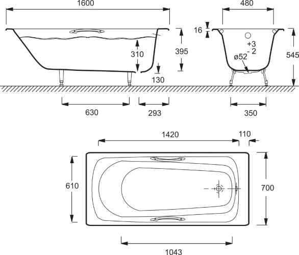 Ванна чугунная Jacob Delafon MELANIE 160x70 см с антискользящим покрытием, с отверстием для ручек,