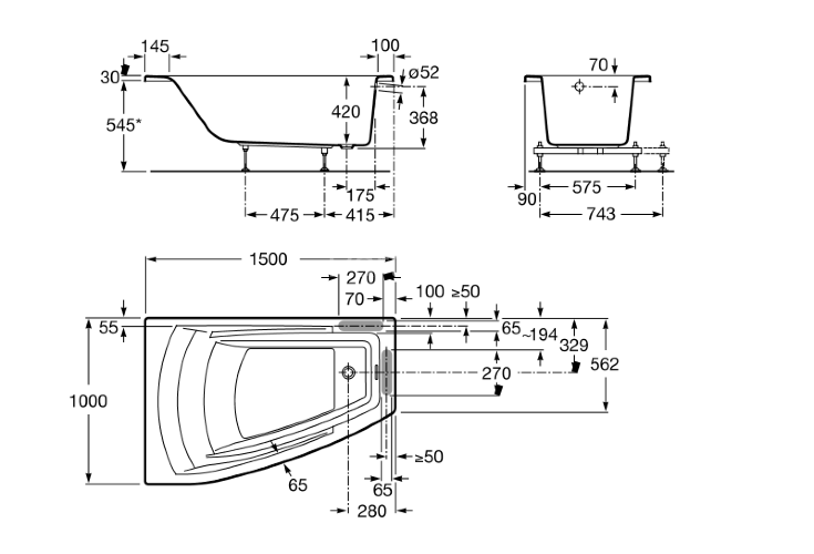 Ванна акриловая Roca HALL Angular 150х100, асимметричная, левосторонняя